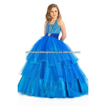 Halter azul elegante backless muitas contas com cintura pregueada flor menina vestidos CWFaf4227